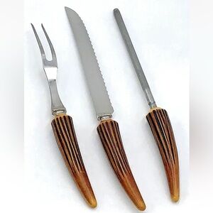 Vintage Carving Set Faux Antler E Parker & Sons Sheffield Stainless Blades 3 Pc